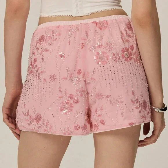 Pink Casual Women's Elegant Sequins Elastic Waist Shorts